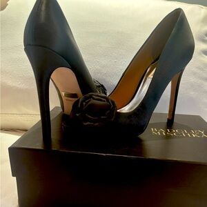 Satin 4inch Badgley Mischka pumps in charcoal color. In original box.